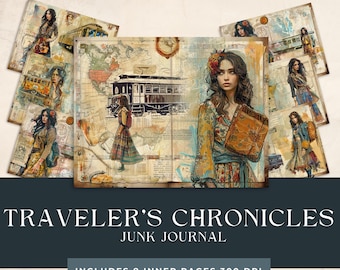 Traveler's Chronicles Junk Journal Pages | Shabby Traveler’s Notebook | Bohemian Art Journal | Explorer Printable | Adventure Collage