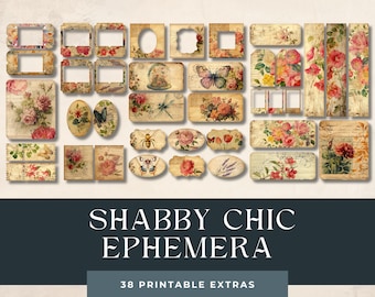 May include: A set of 38 printable shabby chic ephemera featuring floral designs, butterflies, and frames. The ephemera is perfect for scrapbooking, card making, and other crafting projects.