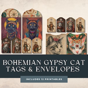 Kit de diario basura de gato caprichoso / Etiquetas de gato gitano / Suministros de collage de artesanía gitana digital / Paquete de efímeras vintage / Sobres