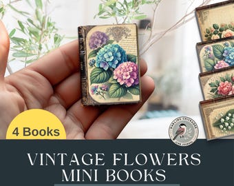 Vintage Flowers Mini Books – Set of 4 | Miniature Botanical Books for Junk Journals | Floral Ephemera | Dollhouse books | Peonies, Roses