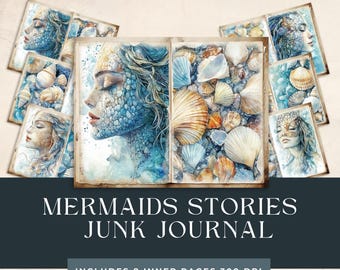 Può includere: Un set di otto pagine stampabili per un diario di scarto con illustrazioni ad acquerello di sirene e conchiglie. Le pagine sono a 300 DPI e includono il testo "Mermaids Stories Junk Journal".