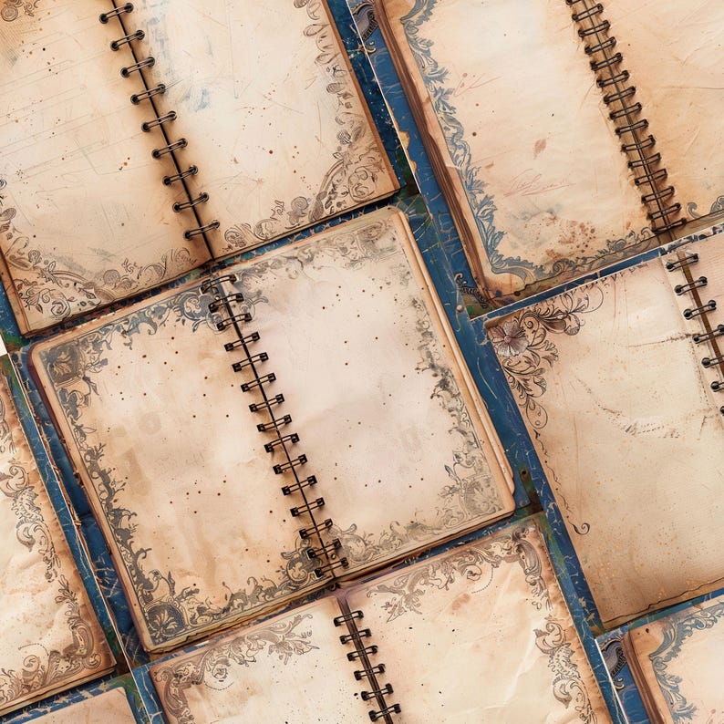 May include: Overhead view of several open spiral-bound notebooks with aged, cream-coloured pages. Each page has a decorative blue and grey floral border. The notebooks are arranged on a blue surface, creating a vintage aesthetic.