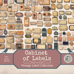 Cabinet of Labels – Vintage Label Ephemera Kit | Printable Tags & Antique Paper Extras for Junk Journals | Vintage Collage Ephemera Tags