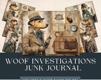 Mystery Detective Junk Journal Kit | Woof Investigations Utskrivbar skräpjournal | Brottsutredning | Viktorianskt collageark