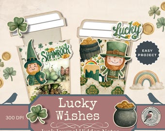 Saint Patrick’s Day Junk Journal Kit, Lucky Wishes Hidden Notes, Leprechaun Printable Pockets, Clover and Gold Ephemera, Digital Download