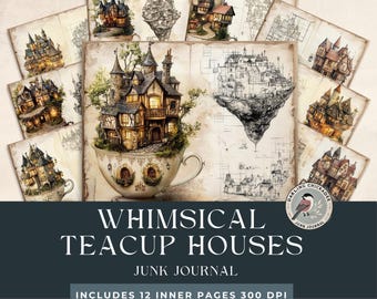 Whimsical Teacup Houses Junk Journal Pages | Whimsical Teacup Craft Supplies | Tea Party Village Printables | Whimsical Houses Art