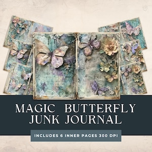 Magisches Schmetterling Junk Journal |Fantasy Schmetterling Collage Sheet |  Wald Schmetterling Seiten | Türkis-botanisches Beschaffenheits-Sammelalbum
