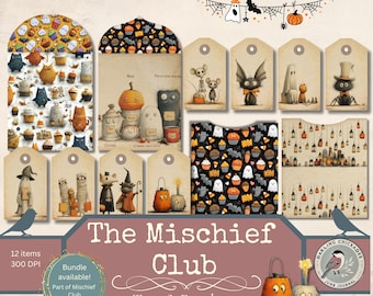 Könnte beinhalten: Eine Sammlung von Tags und Umschlägen zum Thema Halloween. Die Designs zeigen skurrile Illustrationen von Geistern, Fledermäusen, Kürbissen und anderen gruseligen Figuren. Der Text "The Mischief Club" und "Cut, Clip & Cause Trouble" sind sichtbar.
