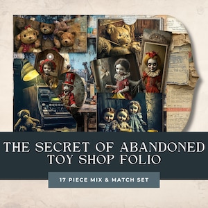 Folio de Secretos de la tienda de juguetes abandonada / Casa embrujada / Imprimible de juguetes antiguos y espeluznantes / Páginas de Halloween / Muñeca, osito de peluche, payaso efímero