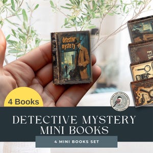 Detective Mystery-miniboeken – set van 4 | Afdrukbare ongewenste dagboekminiaturen | Vintage-geïnspireerde mysterieuze ephemera | Poppenhuisboeken