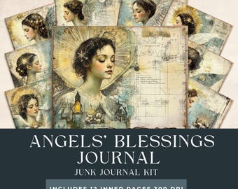 Peut inclure: Un kit de journal de rebut numérique comprenant 12 pages avec des images d'anges avec des ailes et un thème céleste. Le kit comprend le texte "Angels' Blessings Journal Junk Journal Kit Includes 12 Inner Pages 300 DPI".