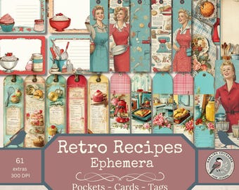 Retro Recipes Ephemera Printable Kit | 61 Tags Cards Pockets Collection | Vintage Kitchen Junk Journal Ephemera |  Cooking Printables