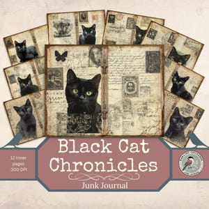 Op de afbeelding: Een junk journal getiteld "Black Cat Chronicles" met een centraal beeld van een zwarte kat met groene ogen. De pagina's van het tijdschrift hebben een vintage esthetiek met illustraties van zwarte katten, postzegels en handschrift. De omslag is roze.