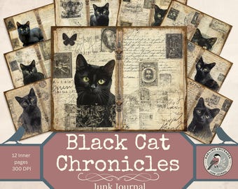 Kit de diario basura "Crónicas del Gato Negro" / Páginas góticas vintage imprimibles con gatos misteriosos, guiones y efímeras / Descarga digital grunge