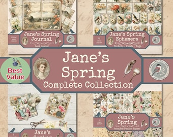 Jane’s Spring Complete Collection – Jane Austen Inspired Regency Junk Journal Bundle, Vintage Floral Journal, Ephemera, Papers & Paperclips