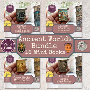 Peut inclure: Un ensemble de 16 mini-livres sur le thème des mondes anciens. Le lot comprend quatre séries de mini-livres : Mythes nordiques, Chevaliers et châteaux, Mythes grecs et Égypte ancienne. Chaque série contient 4 livres. Les livres sont tenus dans une main.