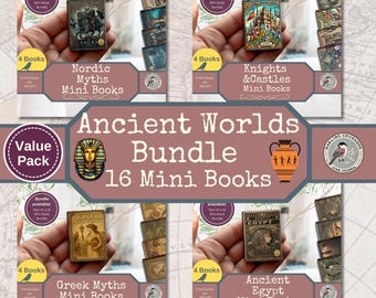 Ancient Worlds Mini Book Bundle – 16 Printable Books | Greek Myths, Nordic Sagas, Ancient Egypt, Castles | Junk Journal Miniature Kit