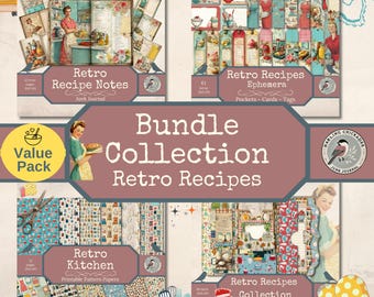 Retro Recipes Junk Journal Bundle | 111 Printable Pieces | Vintage Kitchen Ephemera, Recipe Pages, Pattern Papers & Folio Kit