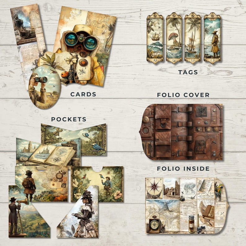 May include: A set of vintage-style paper crafting supplies featuring a travel theme. The set includes cards, pockets, tags, and a folio with a leather-like cover and interior pages. The images on the paper crafting supplies feature maps, compasses, ships, and other travel-related imagery.