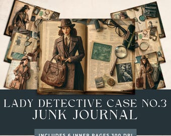 May include: A vintage-style junk journal with a brown leather cover and a woman in a brown coat and hat holding a brown leather bag. The journal has a title that reads "Lady Detective Case No. 3 Junk Journal" and includes 6 inner pages at 300 DPI.