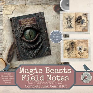 May include: A "Magic Beasts Field Notes" junk journal kit. The cover has a textured, dark green design with a large reptilian eye. The kit includes 12 pages, pockets, tags, and ephemera. It is a perfect no-sew project.