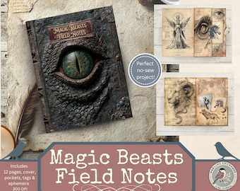 Notes de terrain Bêtes magiques – Journal des déchets fantastiques, pages imprimables dragons et licorne, carnet de croquis créatures mythiques, collection bêtes mystiques