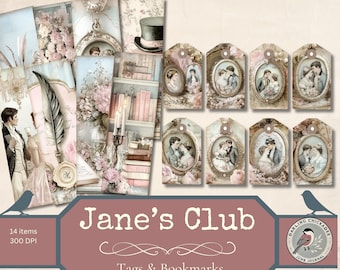 Jane Austen Afdrukbare bladwijzers en tags | Jane's Club digitale ephemeraset | Vintage romantisch rommeldagboekpakket | Regentschapsvrouwen | Shabby Chic