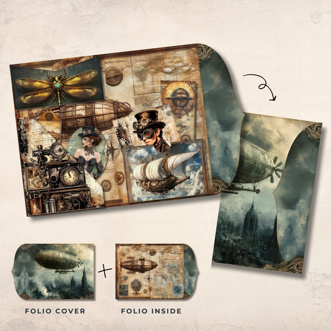 Steampunk Folding Folio Vintage Craft Kit | Printable Papers for ...