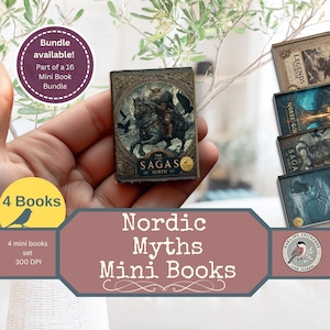 Könnte beinhalten: Ein Set von Miniaturbüchern mit dem Titel "Nordic Myths Mini Books". Ein Buch wird in einer Hand gehalten und zeigt einen Reiter. Das Set enthält 4 Mini-Bücher, Teil eines 16-Bücher-Bundles.