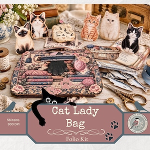 Könnte beinhalten: Ein Bastelset mit einer rechteckigen Tasche mit floralem Buch-Tapestry-Druck, begleitet von verschiedenen katzenförmigen Papierausstanzungen, einem kleinen geflochtenen Korb, einer Vintage-Schere, Knöpfen und einem Etikett mit der Aufschrift Cat Lady Bag.