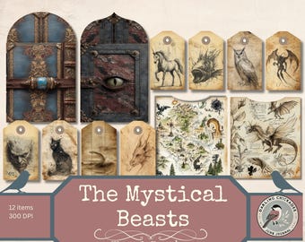 The Mystical Beasts Tags & Envelopes – Fantasy Junk Journal Printables, Mythical Creatures Ephemera Kit, Dragon,  Unicorn Art, Fantasy Tags