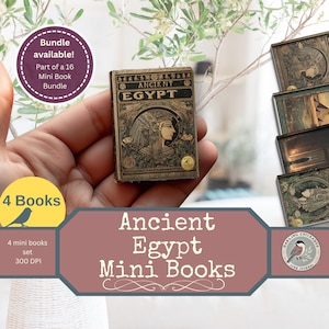 May include: A set of four miniature books with an Ancient Egypt theme. The front book is open, displaying the title "Ancient Egypt" and an illustration of a pharaoh. The books are in a person's hand, with a bundle offer in the background.