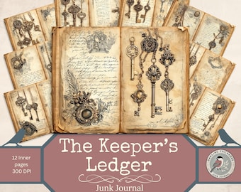 The Keeper’s Ledger – Vintage Key Junk Journal Pages | Antique Keys & Locks Printable Ephemera Kit | Printable Vintage Ledger Paper Kit