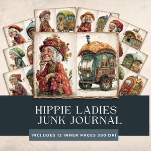 May include: A set of 12 digital scrapbook papers featuring whimsical illustrations of hippie ladies and vintage caravans. The papers are perfect for adding a touch of bohemian charm to your digital projects.