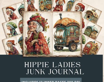 Hippie dames ongewenste dagboekpagina's |  Grappige oude vrouw digitaal papier | Plakboekpakket | Hippie-junkdagboekkit | Afdrukbaar junkjournaal