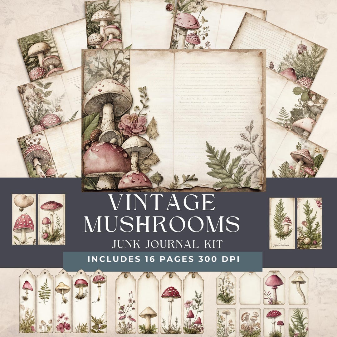 Vintage Mushrooms Junk Journal Kit | Printable Ephemera Mushroom Kit ...