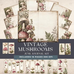 Kit de diário de lixo de cogumelos vintage | Kit de cogumelos efêmeros para impressão | Páginas inspiradas na natureza vintage | Fungos para impressão | Cogumelos da floresta