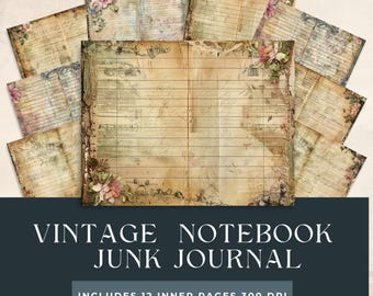Vintage Notebook Junk Journal Kit | Vintage Lined Papers | Old Papers | Vintage Notebook Pages | Vintage Ledger | Floral Digital Download