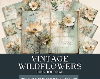 Vintage skräpjournalsidor med vildblommor | Utskrivbara vintageblommor med efemera | Digitalt collage med vildblomsäng | Vintage botaniskt kit