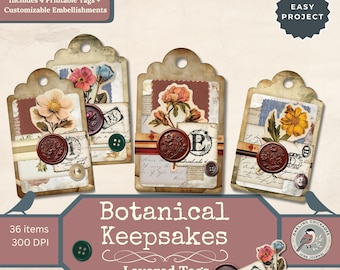 Zestaw do druku botanicznych etykiet warstwowych | Vintage Mixed Media Ephemera do Junk Journals i scrapbookingu | Etykiety do druku | Pamiątki botaniczne