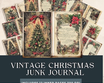 Könnte beinhalten: Ein Vintage-Weihnachts-Junk-Journal mit 12 Innenseiten, das Illustrationen von Weihnachtsbäumen und Weihnachtssternen zeigt. Das Journal hat einen dunkelblauen Hintergrund mit dem Text "VINTAGE CHRISTMAS JUNK JOURNAL" und "INCLUDES 12 INNER PAGES 300 DPI".