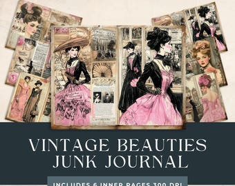 Vintage Beauties Junk Journal Pages | Vintage Ladies Scrapbooking | Vintage Hats Papers | Vintage Dresses Printables |  Pink Fashion Shop
