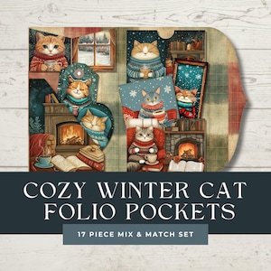 Cozy Winter Cat Folio Pockets | 17-Piece Printable Junk Journal Kit | Adorable Winter Cat Ephemera| Holiday Printables | Christmas Kit