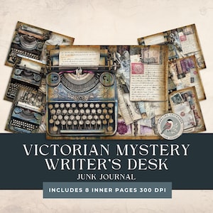 Escritorio de escritor de misterio victoriano / Diario basura imprimible / Máquina de escribir y cartas escritas a mano / Máquina de escribir antigua / Efímeras para escritores de misterio