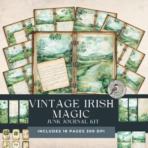 Kit de diário de mágica irlandesa vintage | Ephemera, páginas e etiquetas imprimíveis do dia de São Patrício | Álbum de recortes celta | Ephemera irlandesa imprimível