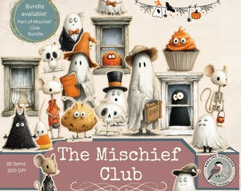 Mischief Club Fussy Cuts – Printable Halloween Ephemera | Cute Ghosts, Candy, and Creatures for Junk Journals | Digital Collage Sheets