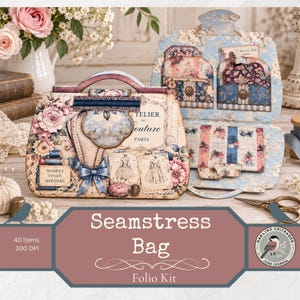 Peut inclure: Un kit de folio en papier en forme de sac à main, orné de motifs floraux vintage, d'illustrations de couturière et de textes incluant "Atelier de Couture PARIS" et "MODÈLES TISSUS MERCERE" dans des tons bleu, rose et crème.