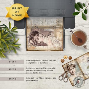 May include: A printable digital junk journal kit with a vintage aesthetic. The kit includes a page with a portrait of a woman, a page with text, and a page with a bird illustration. The text on the page reads "Darling Chickadee Junk Journal".