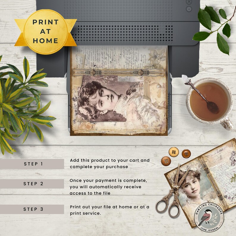 May include: A printable digital junk journal kit with a vintage aesthetic. The kit includes a page with a portrait of a woman, a page with text, and a page with a bird illustration. The text on the page reads "Darling Chickadee Junk Journal".