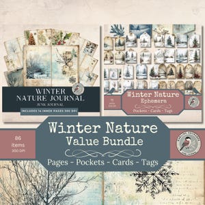 Könnte beinhalten: Eine Sammlung von Winter-Themen-Junk-Journal-Ephemera und ein Wertpaket. Das Bild zeigt ein Journal, Tags, Karten und Taschen mit Winter-Natur-Designs. Der Text enthält "Winter Nature Journal", "Winter Nature Ephemera" und "Winter Nature Value Bundle."